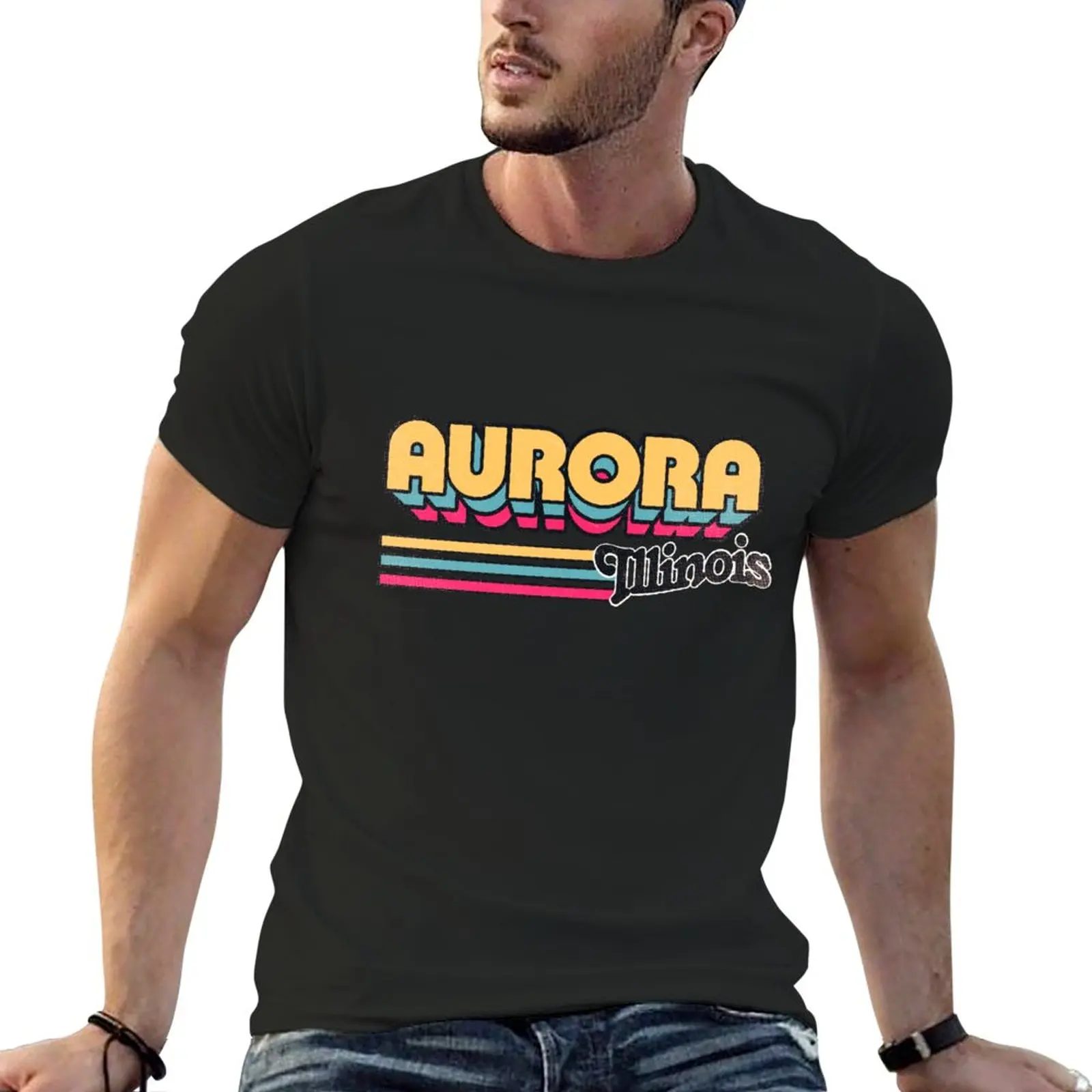 

Aurora, IL City Stripes T-Shirt Oversized t-shirt Aesthetic clothing T-shirts for men cotton
