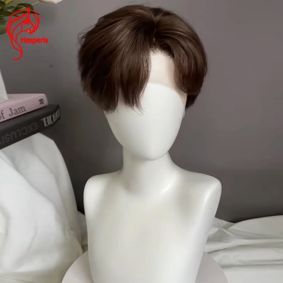 Hesperis Men's Short Pixie Bob Human Hair Full Lace Wigs Brown Color Pre Style Toupee Short Cut Hair Male Wigs Transparent Lace