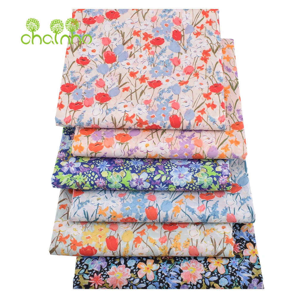 Chainho,Printed Plain Weave Poplin Cotton Fabric,DIY Quilting Sewing Material,Patchwork Cloth,Floral Series,2 Sizes,15PC209