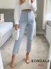 KONDALA Women Light Blue Chic Fashion Office Wear Straight Pants Vintage High Waist Zipper Fly Female Trousers Fashion 2025 Pant