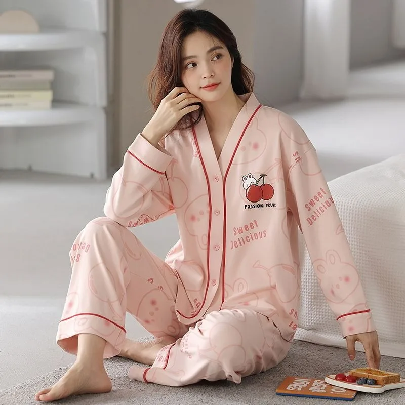 Spring Autumn Pure Cotton Pajamas Women Long-Sleeved Trousers Sleepwear Two-Piece Set Casual Sweet V-neck Student Homewear Suit spring autumn women s cotton satin pajamas v neck trousers short sleeved simple pajamas set fashion printed home service thin