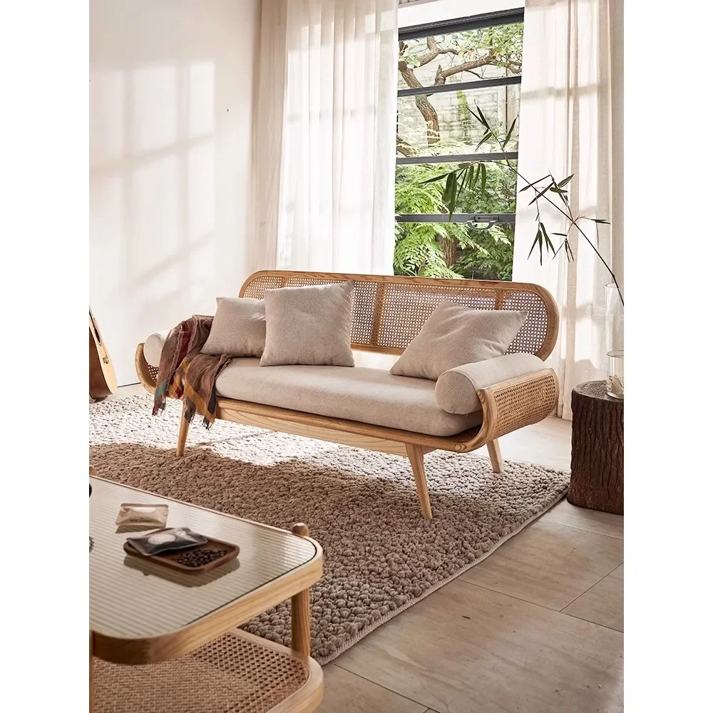 

Japanese solid wood rattan sofa B&B living room double rattan chair designer creative small-sized leisure chair bench