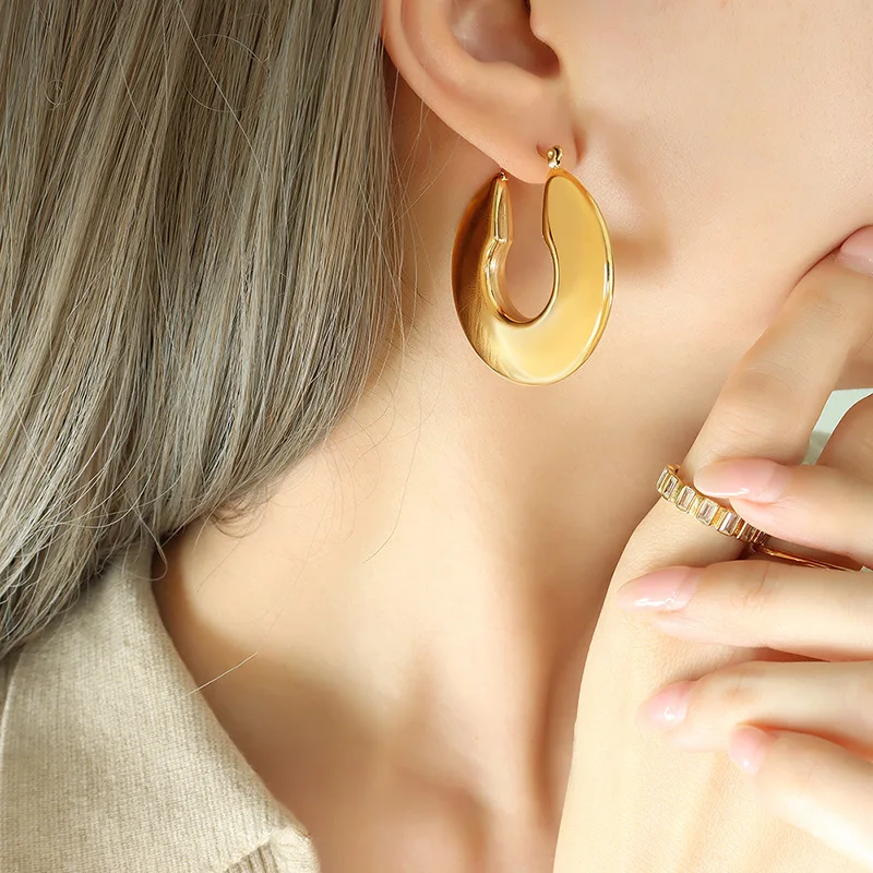 Fashion Glossy Stainless Steel Chunky Hoop Earrings for Women Gold Plated Thick Texture Geometric Circle Earring Vintage Jewelry 4