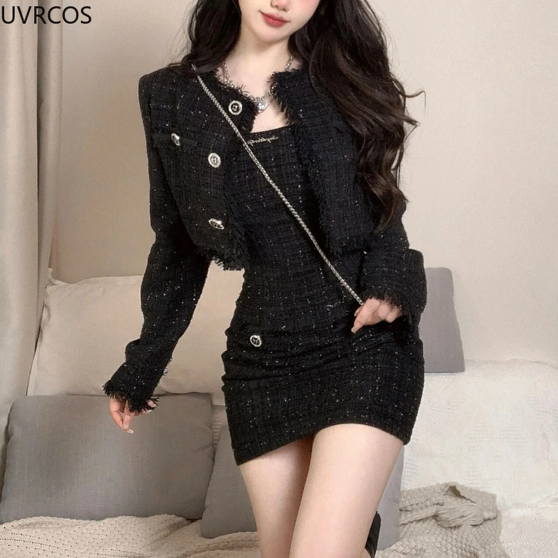 Black Korean Style Retro Elegant Two Piece Set Women Fashion Tassels Short Jackets Casual Strap Party Mini Dress Female Y2k Suit 5