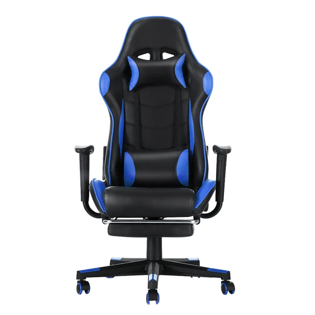 Gaming Sport Chair Swivel Gas Lift Lockable Reclining Chair with 5 Wheels Office Chair Adjustable Seat Height Pu Leather Seater Blue