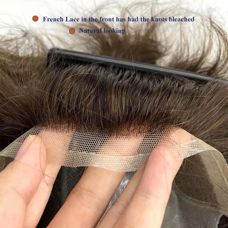 Bio -Male Hair Prosthesis French Lace Front with Airlight Knotted Durable Skin Back ,Toupee For Men 100% Human Hair System