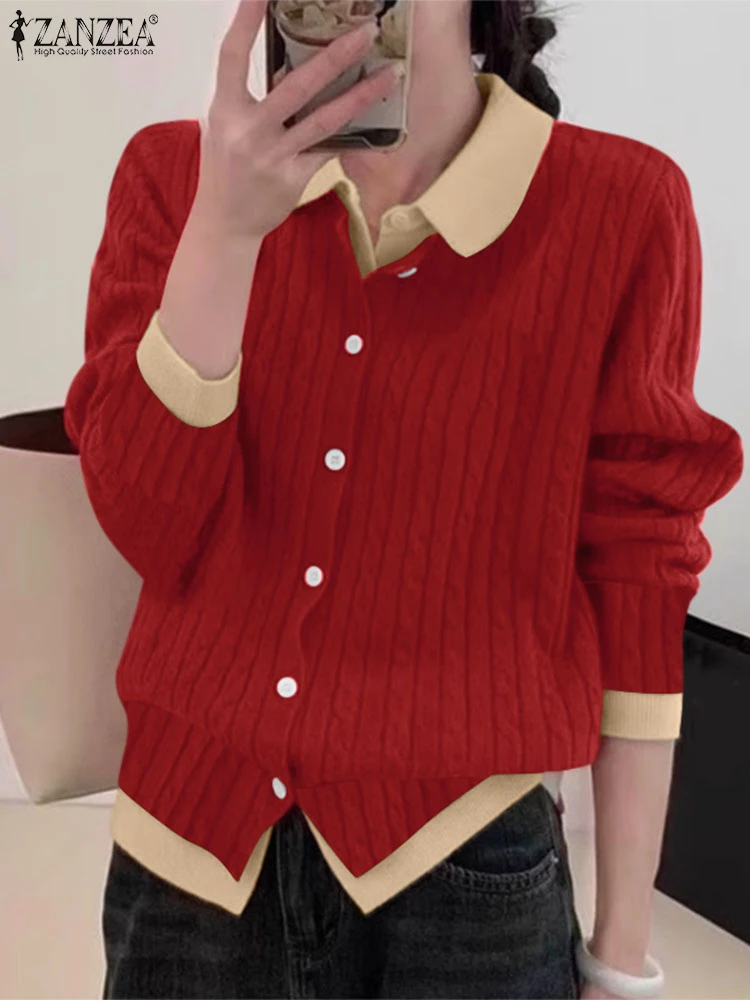 ZANZEA Casual Spring Autumn Sweater Elegant Fake Two-Piece Women Turn-down Collar Knitted Tops Long Sleeve Color Block Cardigans 3
