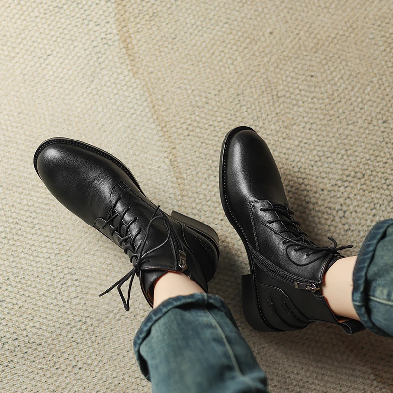 Split Leather Women Boots Hot Sales Autumn Shoes for Women Winter Handmade Boots Square Toe Chunky Heels Shoes Zapatos Mujer