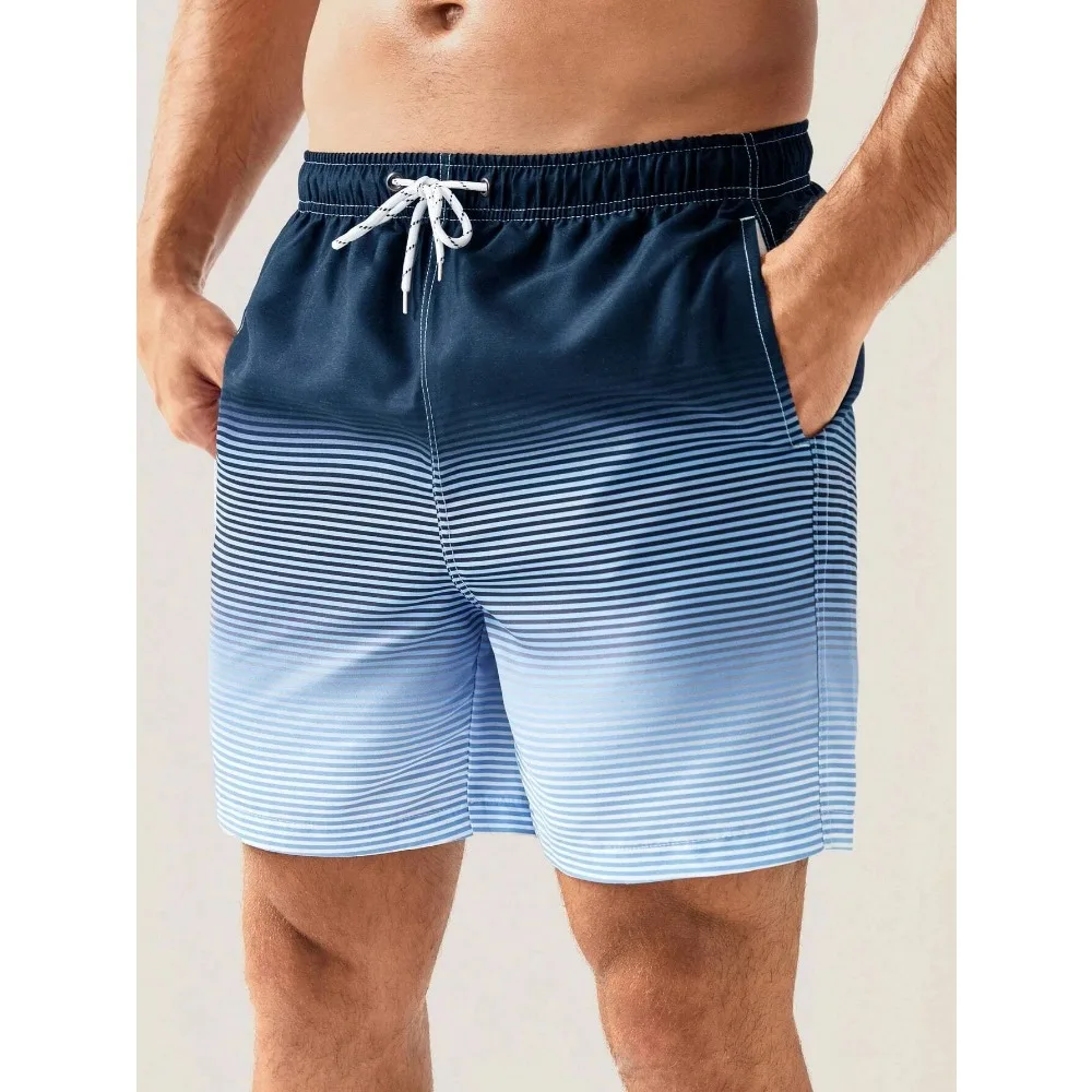 2025 Summer New Hawaii Vacation Beach Shorts Men's Casual Half Pants 3D Printed Striped Gradient Swimming Pants Beach 3