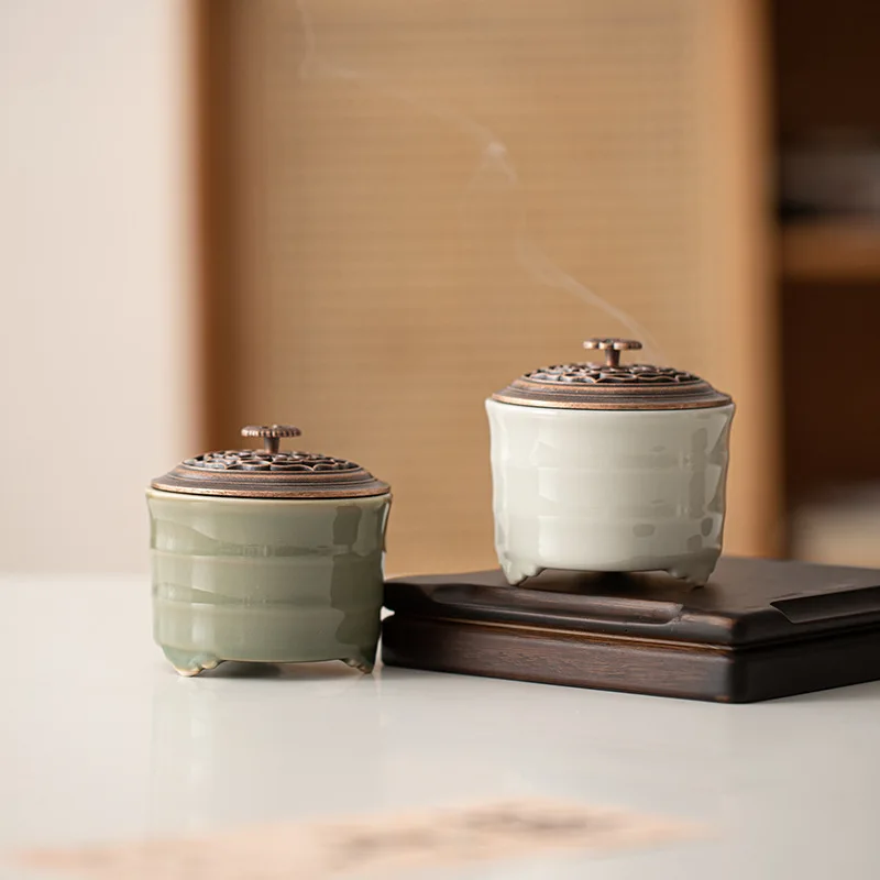 Creative Lingzhi Lid Three Legged Incense Stove Retro Honey Glazed Aromatherapy Furnace Zen Censer Holder Tea Ceremony Ornament