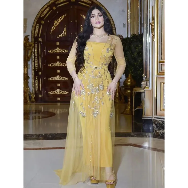 

2024 Elegant Gold Long Evening Dresses Lace Appliques 2 pcs Special Occasion Dresses Beaded Three-quarter sleeves Prom Dress