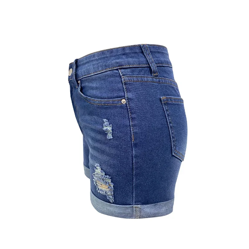 Fashion Folded Trouser Legs Denim Shorts Women Trend Broken Holes Streetwear High Waist Daily Casual Female Three Quarter Pants