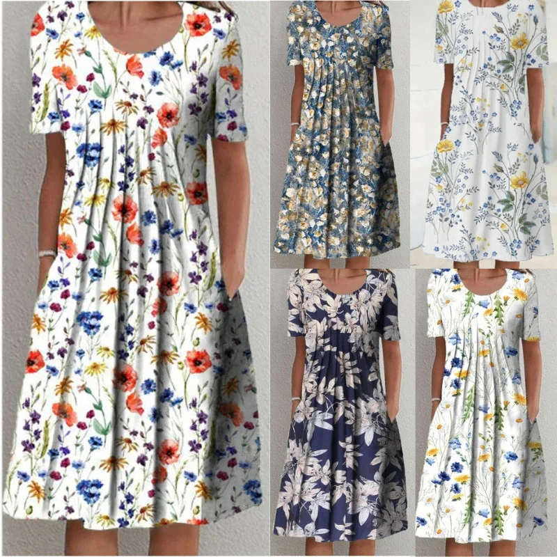 

2024 Spring/Summer Women's Elegant Large Swing Skirt With Round Neck Printed Short Sleeved Dress