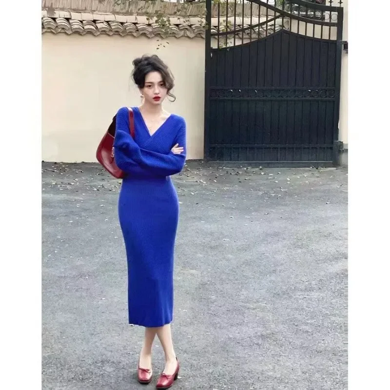 

Sexy Solid Dresses for Women Knitted Long Clothes Robe V Neck Daring Evening Woman Dress Designer Outfits Crochet