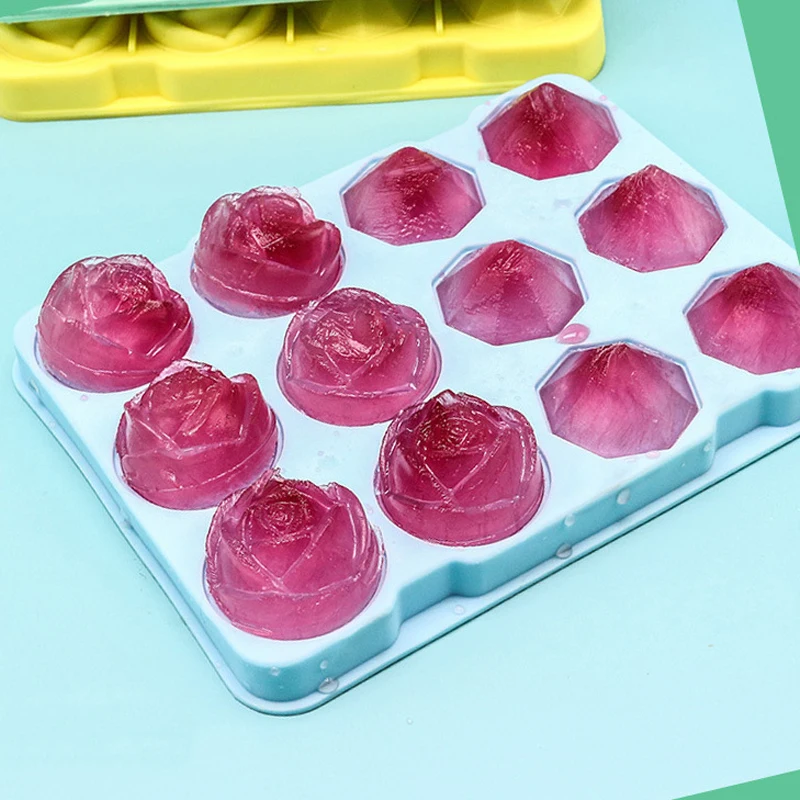 

Silicone Molds Ice Cube Tray with Lid Rose Flower Diamond Shape Reusable Ice Mold Bar Kitchen Accessories Ice Cream Maker Tools