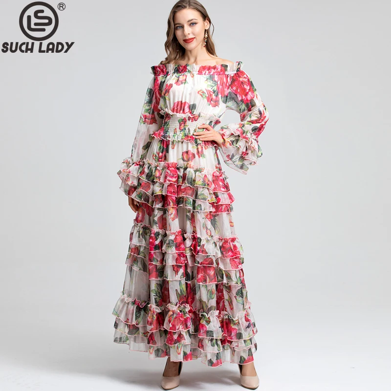 

Women's Dresses Slash Neckline Long Sleeves Floral Printed Tiered Ruffles Elegant Fashion Designer Party Prom Gown
