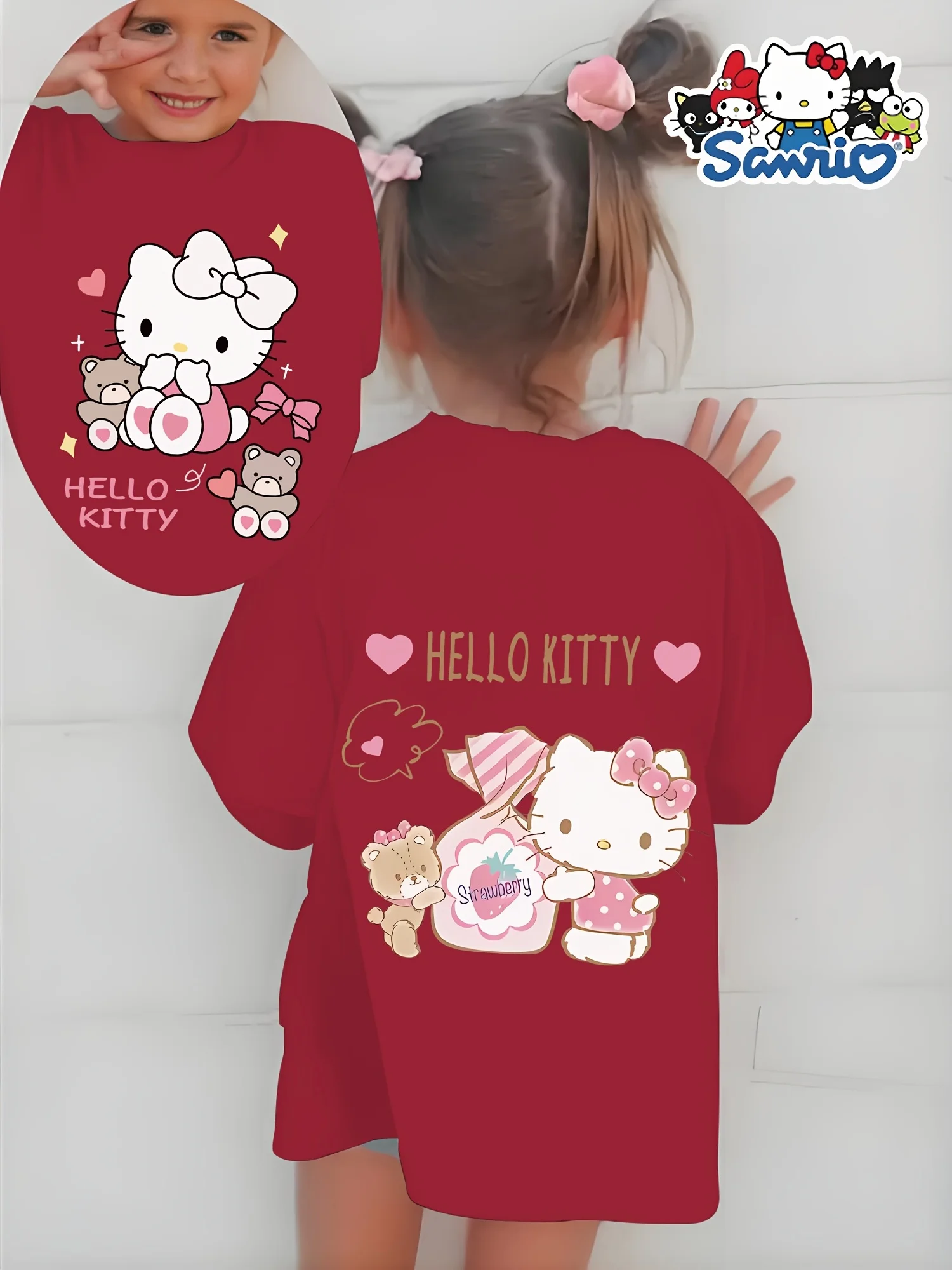 여름 티셔츠 100% 순면 소재로 제작된 산리오 헬로 키티 귀여운 패턴의 패셔너블한 여아 의류