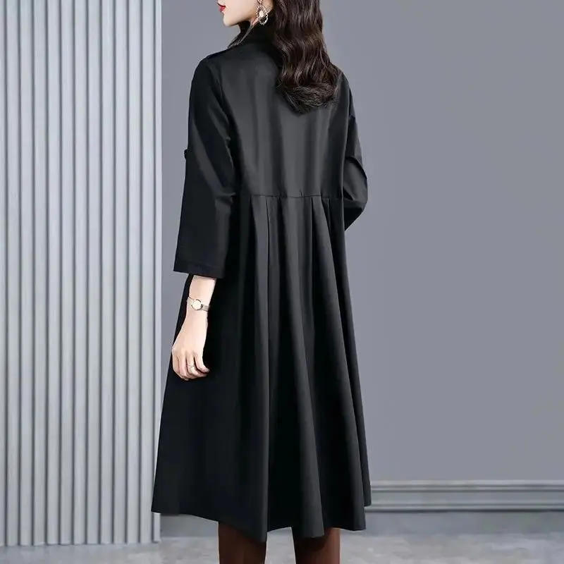 Women's Autumn Winter Fashion Versatil Solid Color Polo Collar Button Pocket Korean Long Sleeved Loose Mid Length Trench Coat