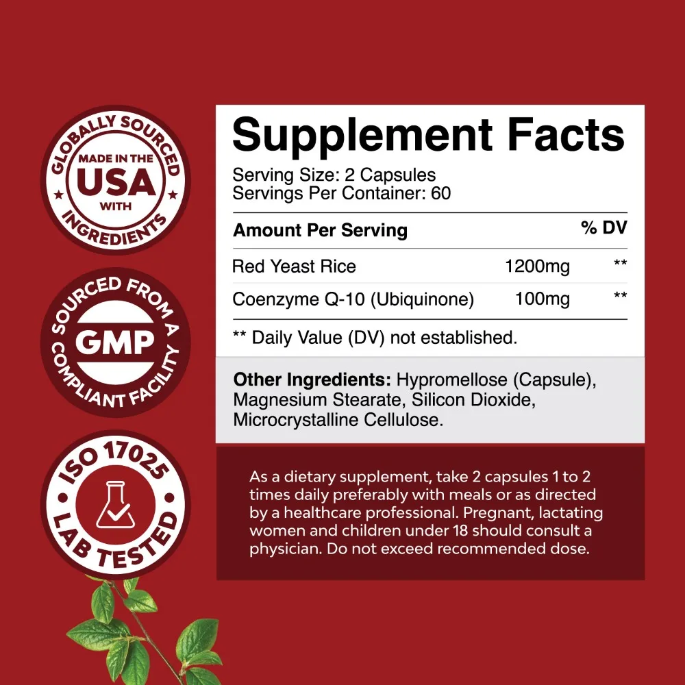 Red Yeast Rice Supplement 1200 Mg Per Serving for High Cholesterol Coenzyme Q10 Capsules 100 Mg Per Serving for Heart Health