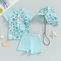 3PCS Kids Baby Swimsuit Bikini Set Fashion Summer Shark Print Zipper Short Sleeve Rash Guard Swim Trunks Hat Swimwear Beachwear 1