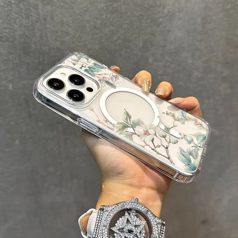 Floral Magnetic Transparent Phone Case with Magsafe Wireless Charging Capability