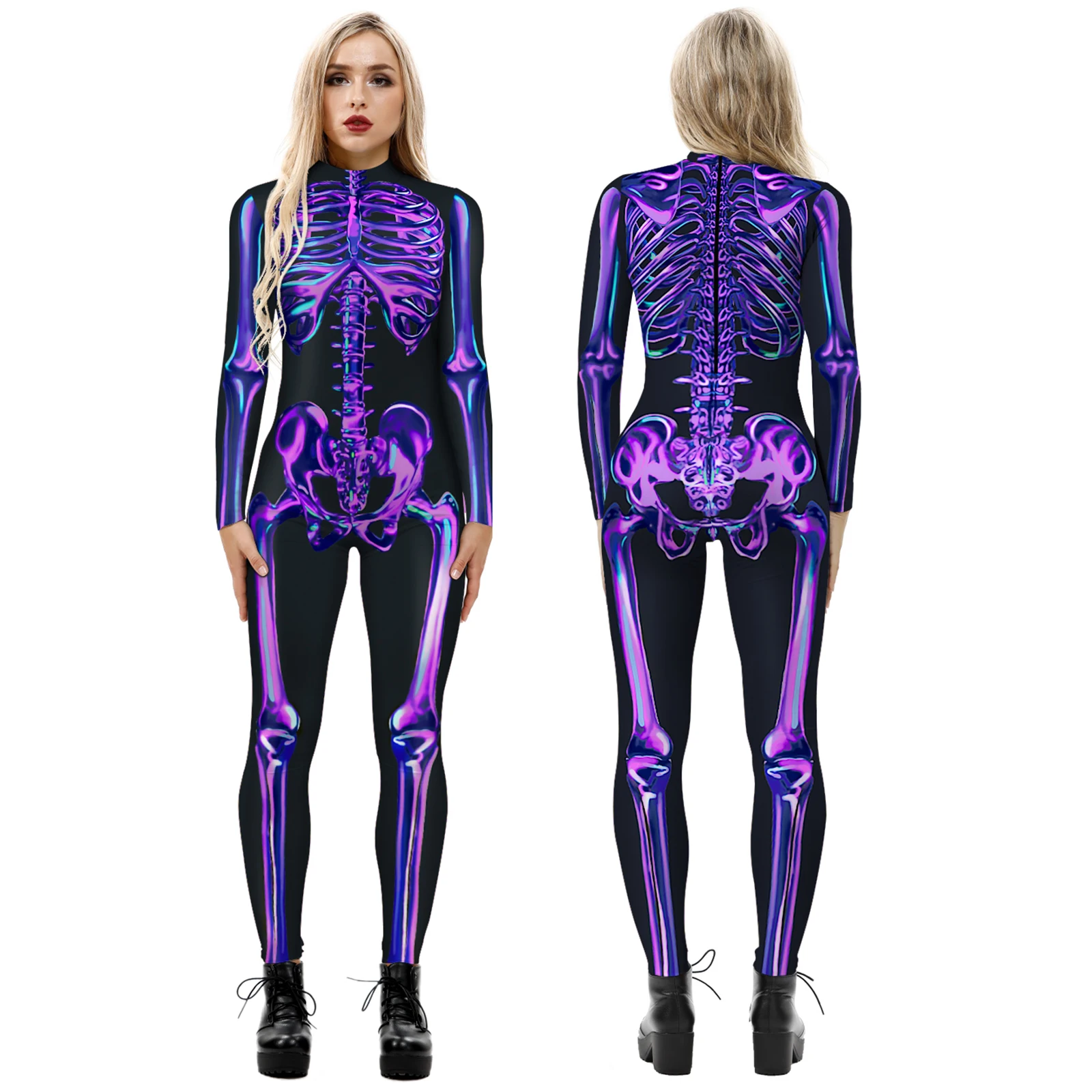 

AOYLISEY Women Halloween Cosplay Jumpsuits Funny Skeleton Zentai Bodysuit 3D Printed Stretch Skinny Jumpsuit One Piece Catsuit