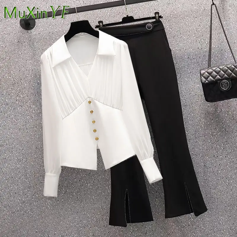 Women's Summer Lantern Sleeve Chiffon Shirt Top+Flared Pants Two-piece Korean Elegant Thin Long-sleeved Pullover Trousers Suit