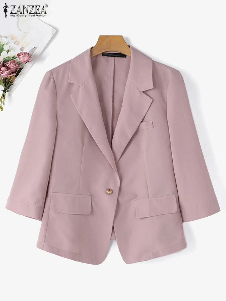 Fashion Women OL Work Blazer Autumn Jackets Thin ZANZEA Elegant Lapel Neck 3/4 Sleeve Suits Office Lady Coats Solid Outwear