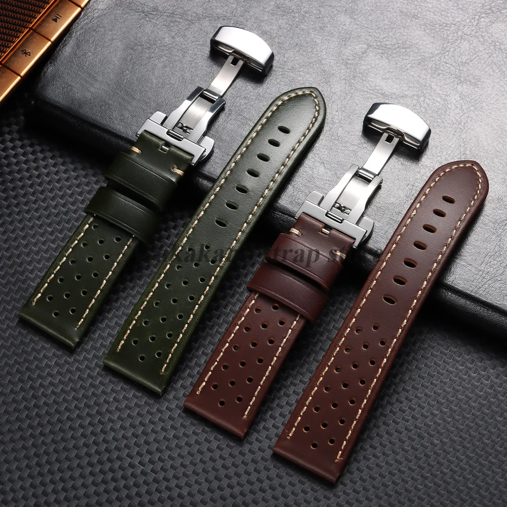 Elegant Cowhide Leather Strap with Butterfly Buckle - Soft & Breathable Business Men's Bracelet