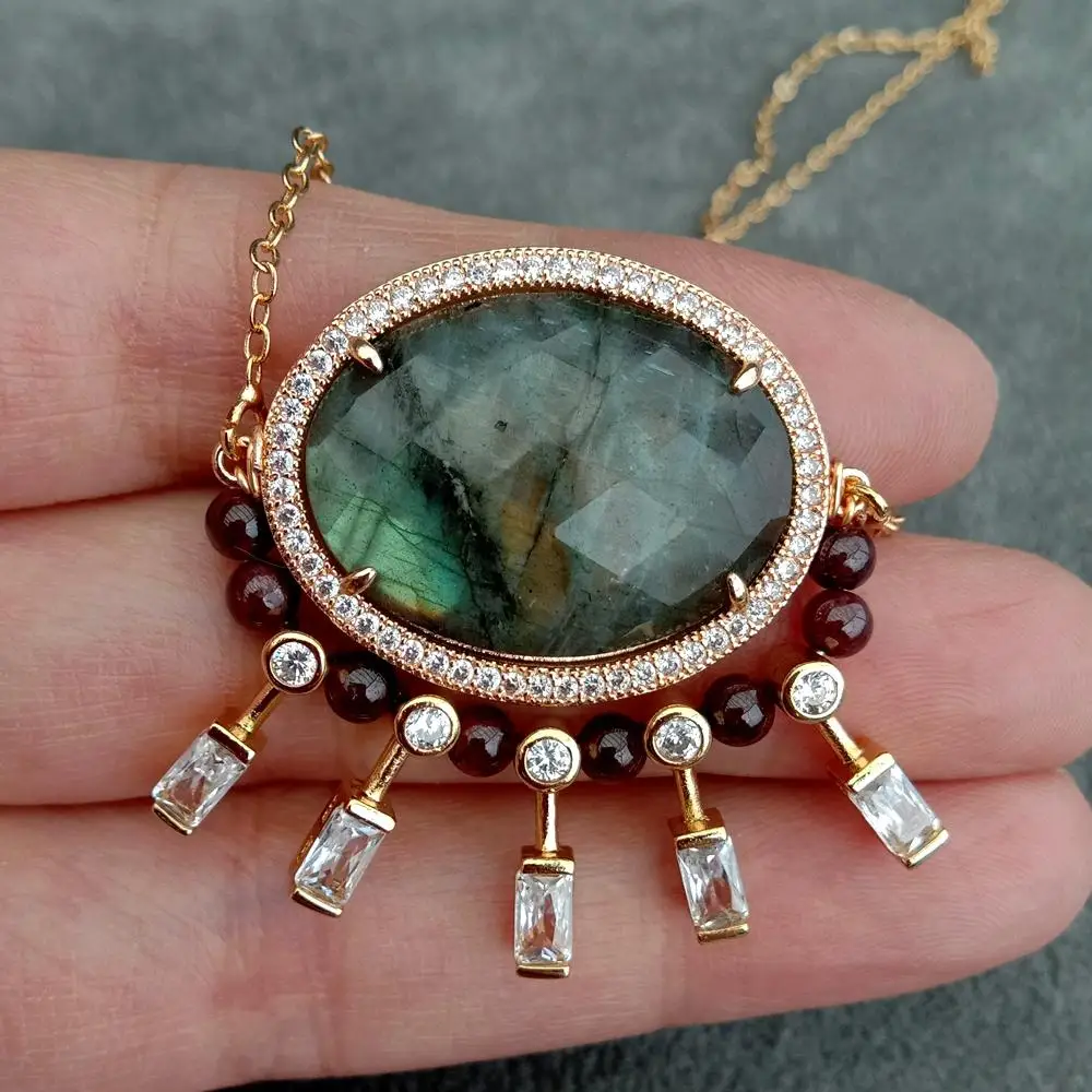 2x30mm Natural Labradorite Garnet Cz Beads Faceted Gemstone Gold Plated Chain Necklace pendant necklace,silver necklace,gold necklace