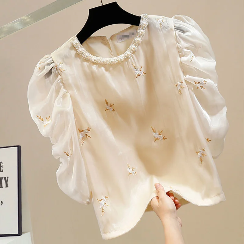 

2024 New Summer Office Lady Casual Loose Sweat Elegant Fashion Women's Shirt Folds Embroidery O Neck Short Sleeve Chic Y2K Tops