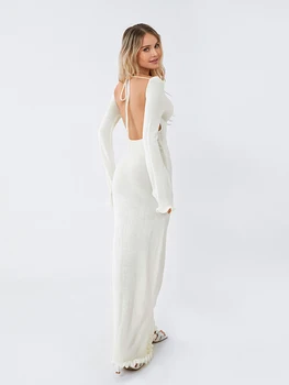 Women Long Sleeve Tie Backless Round Neck Ruffle Trim Long Dress Autumn Winter Knit Solid Color Bodycon Dress Beige/Grey/White 1