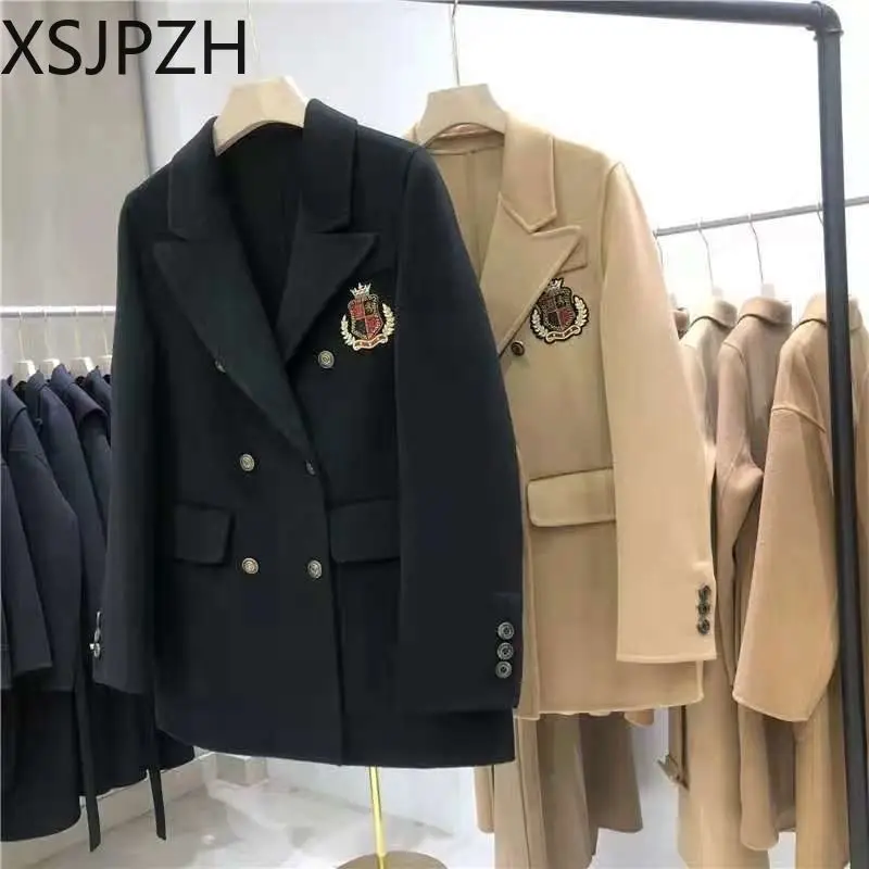 2024 New Spring Double Sided Wool Women's Coat Badge Preppy Small Suit Double Breasted Lapel Office Lady Commuting Blazer Jacket