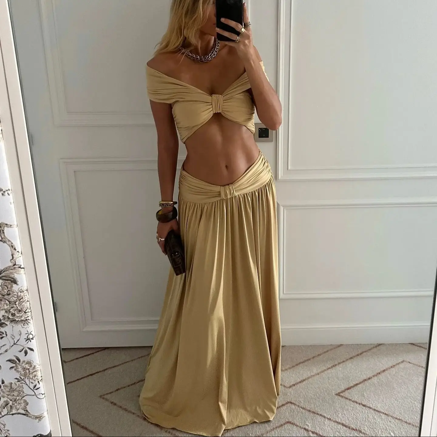 Bikini Swimsuit with Skirt Women Soild Swimwear High Waist Two Piece Bathing Suit High Waist Beachwear Bandeau Biquini