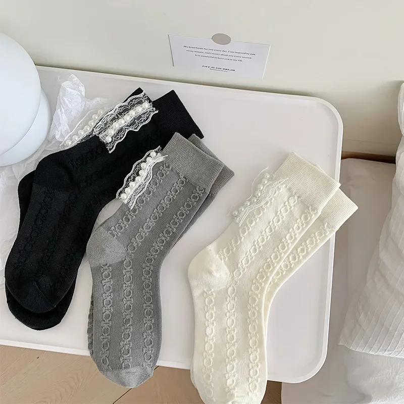 

Pearl Lacework Ruffles Socks JK Japanese Style Sweet Girls Cute Socks Women Lolita Kawaii Solid Color Black White Gray Socks Sox