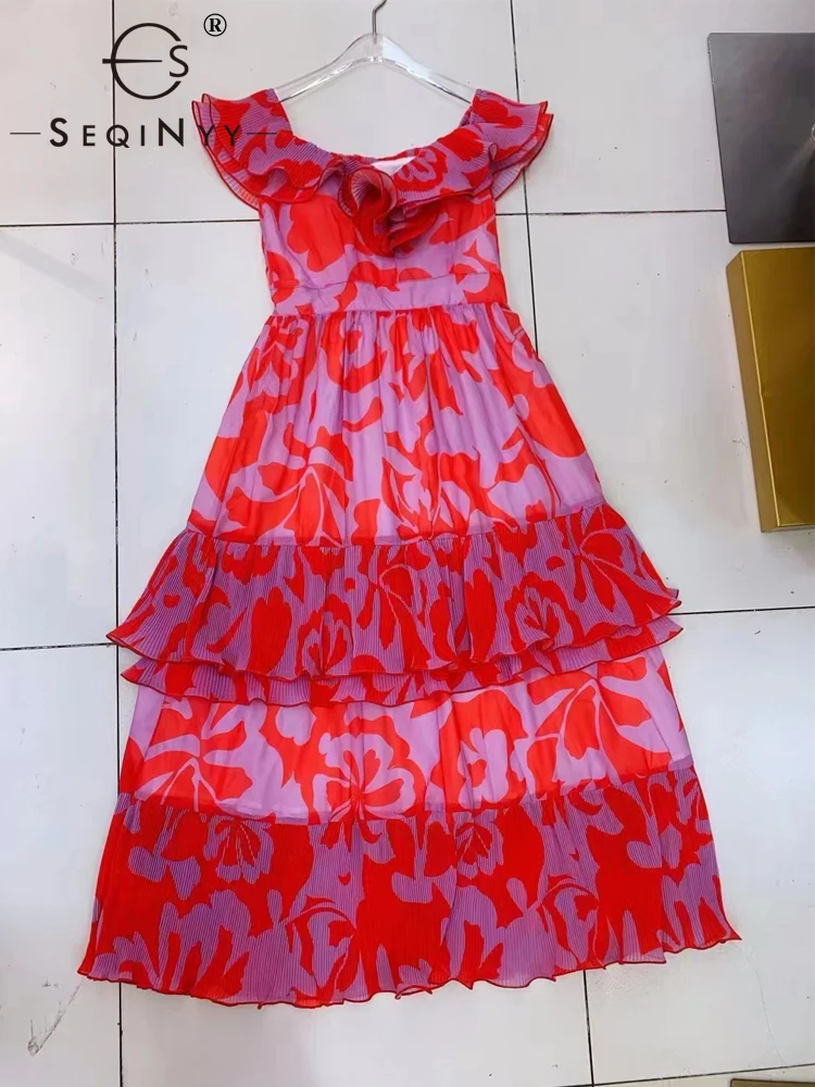 

SEQINYY Elegant Midi Dress Summer Spring New Fashion Design Women Runway High Street Vintage Flowers Print Ruffles Casual
