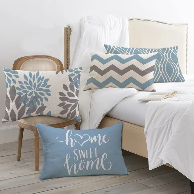 Lake Blue & White Geometric Linen Pillowcase – Customizable Sofa Cushion Cover 3