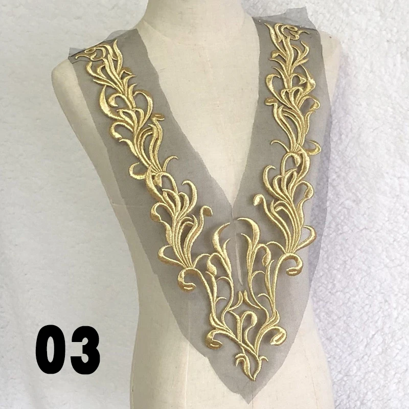 Gold Thread Mesh Embroidery Collar Patch Heavy-Duty Embroidered Gold Lace Appliques DIY Sewing Clothes Decorative Accessories
