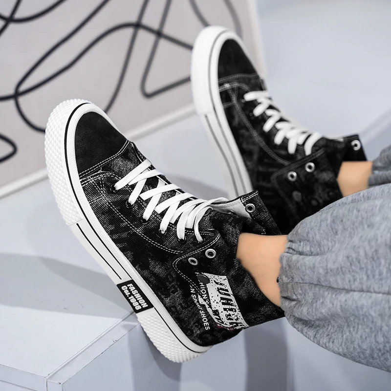 HKDQ High Top Canvas Shoes Men Fashion Casual Blue Men's Vulcanize Shoes Street Style Breathable Denim Designer Sneakers For Men 6