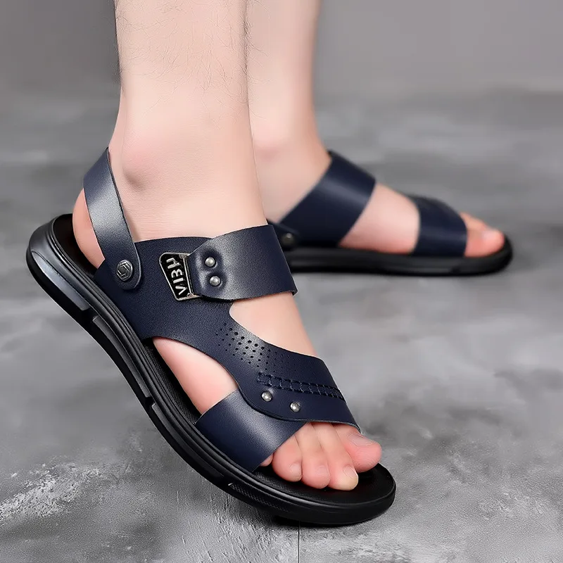 Herren Casual Trendige Sandalen mit Weicher Sohle Design Echtleder Strandschuhe Pantoffeln Rutschfeste Sommerschuhe