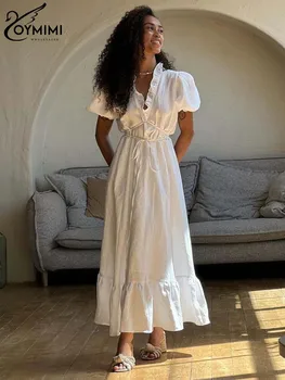 Oymimi Elegant White Cotton Womens Dresses Fashion Short Sleeve V-Neck Lace-Up Dresses Summer Loose Ankle-Length Dress Female 1