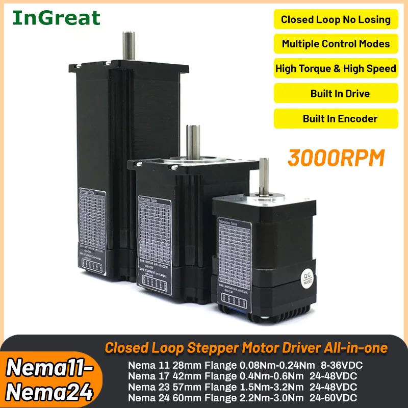Movimentação Integrada do Motor Deslizante do Laço Fechado Movimentação Incorporado de Todo-em-um Servo Fácil Router do Cnc Nema11 Nema17 Nema23 Nema24 3000rpm