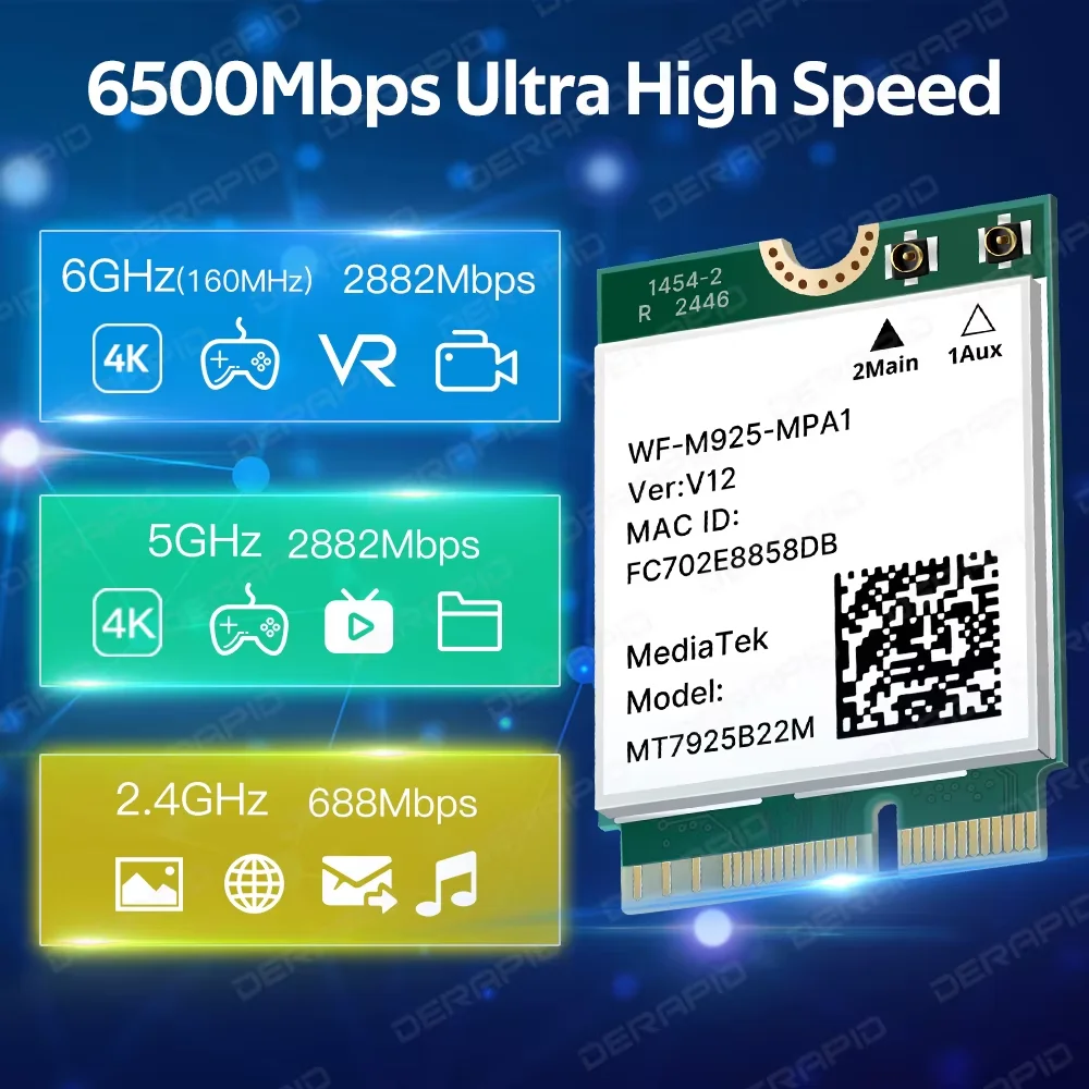 MT7925 WiFi 7 M.2 어댑터 6500Mbps 블루투스 5.4 802.11be 네트워크 카드(Windows 10 11용) AX210NGW보다 우수함 노트북/PC 지원