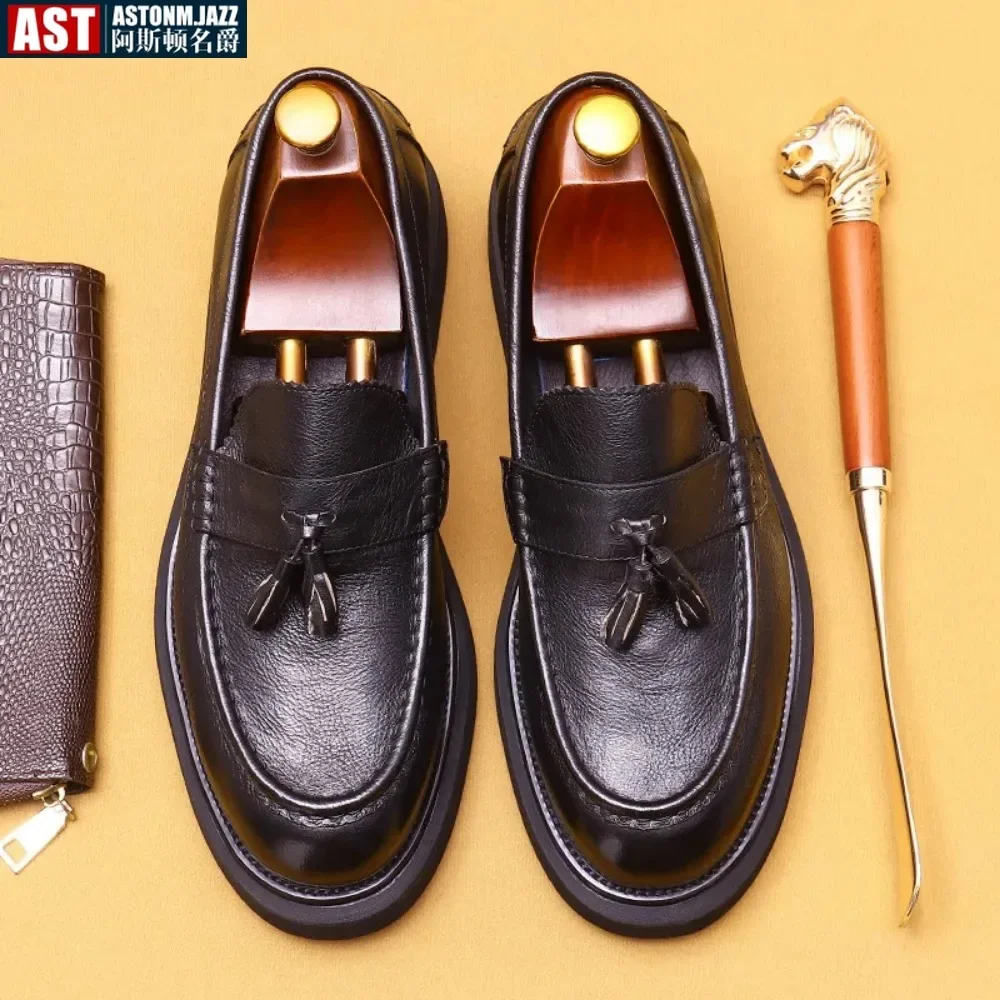 Soft Leather Elegant Mens Dress Loafers Shoes Platform Luxury Genuine Leather Summer New Black Wedding Social Formal Shoes Man