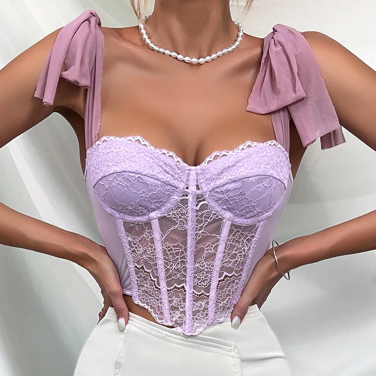 

Women's Corset Sexy Purple Lace Cropped Tops Vest 2024 Summer Shoulder Strap Bustier Bodyshaper Lingerie Tank Top Slim Camisole