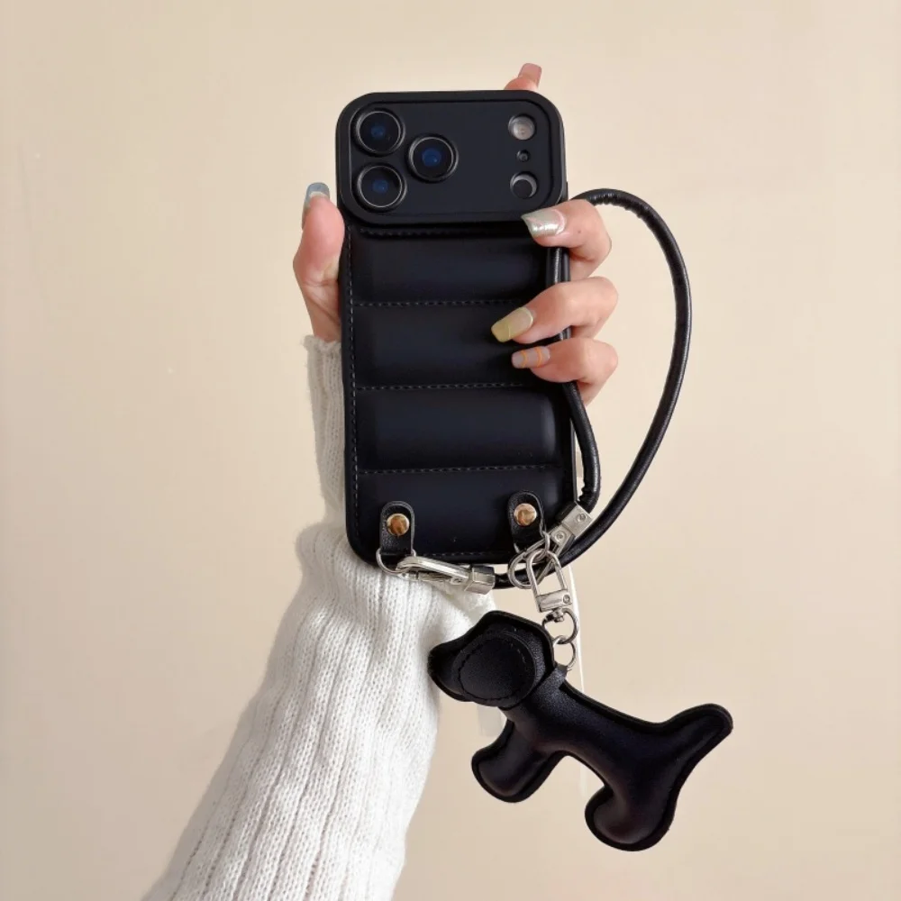 Cartoon Dog PU Leather Lanyard Phone Case with Creative Down Jacket Design