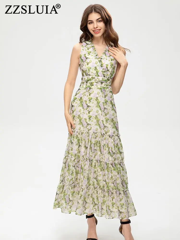 

ZZSLUIA Elegant Dresses For Women Floral Printed Ruffles Designer Slim Long Dress Fashion Sleeveless Folds France Dresses Female