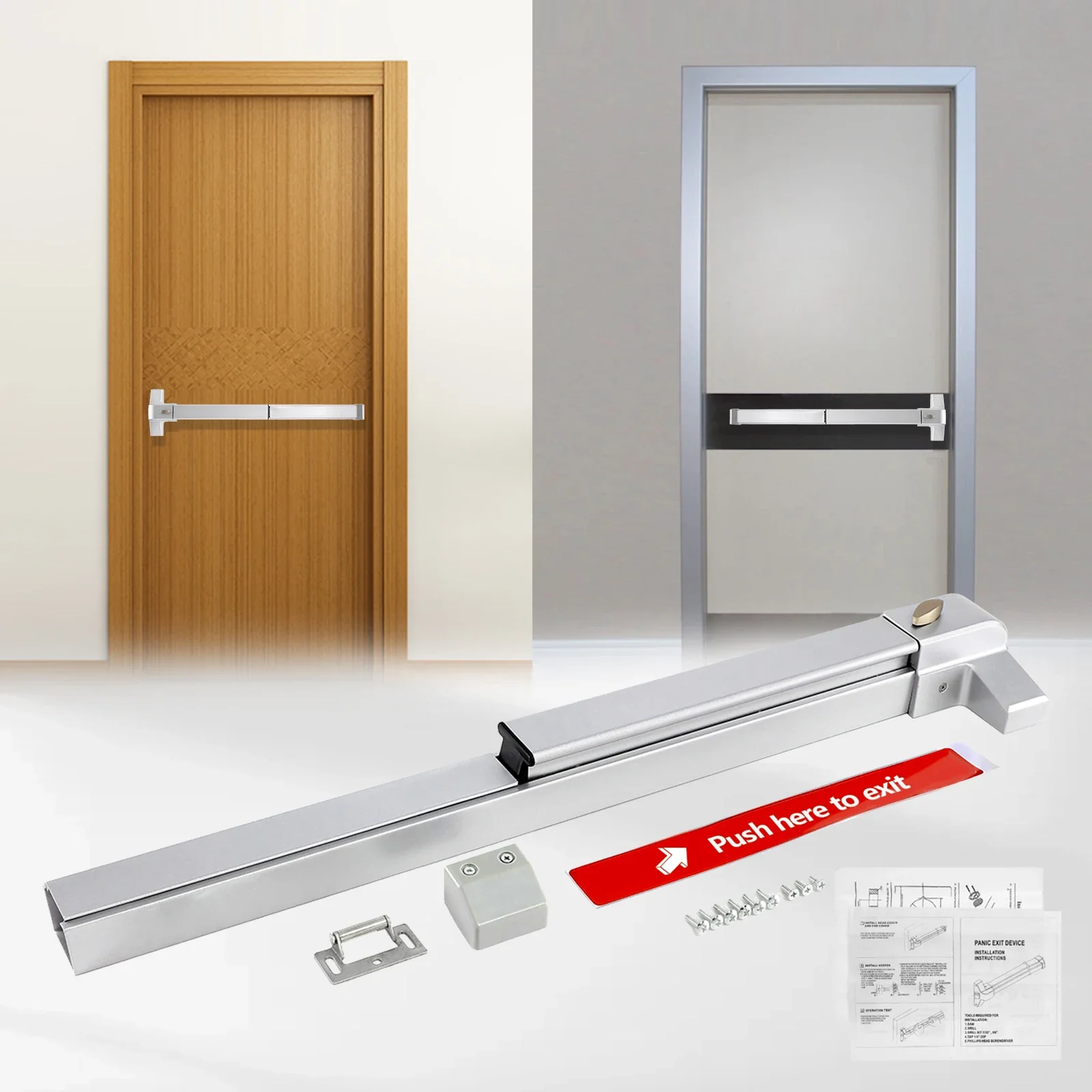 Panic Exit Device Door Push Bar Rod Emergency Fireproof Exit Bar Closer for Doors Width 70-104cm Easy Installation