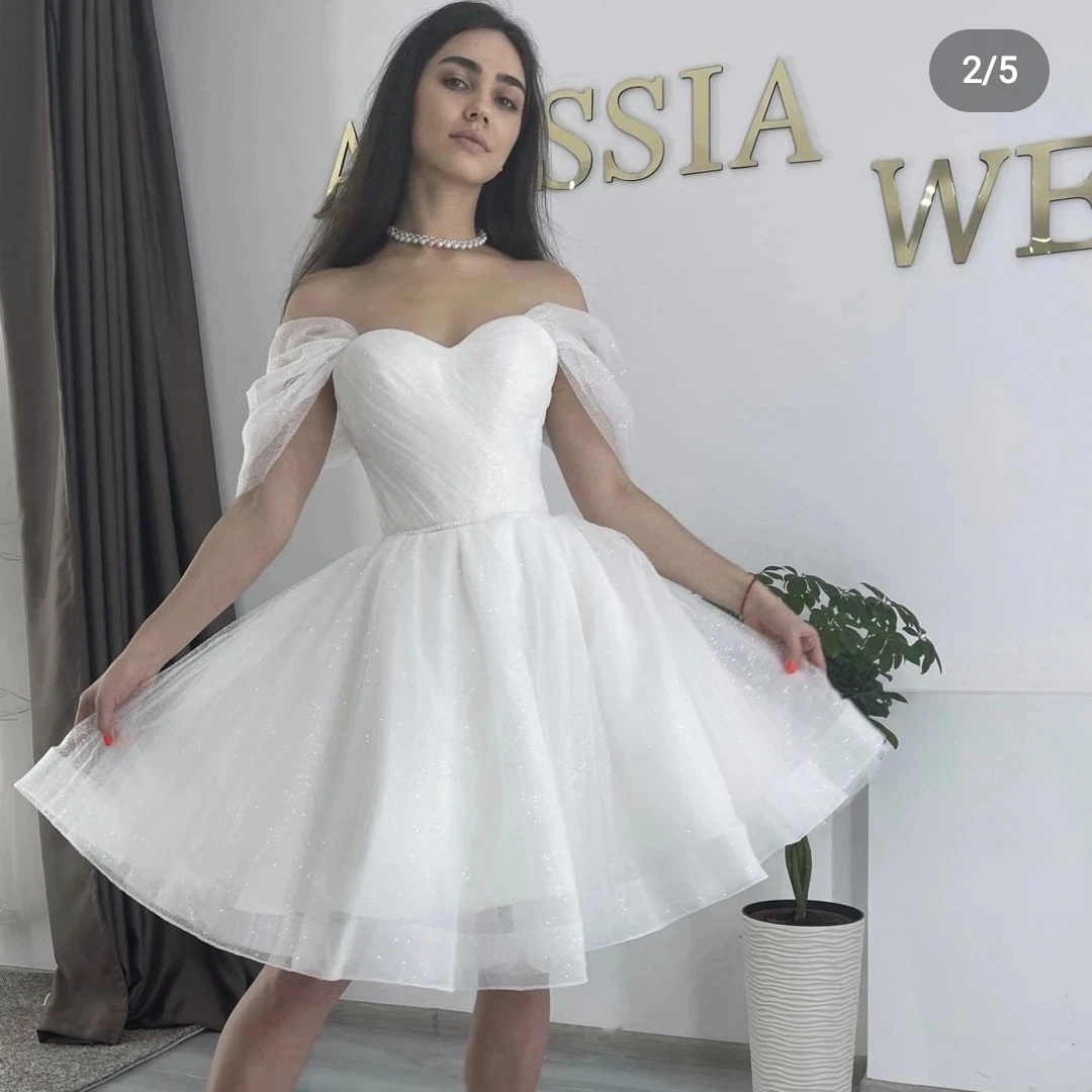 

Short Sparkly Sweetheart Wedding Back Lace Up Off The Shoulder Knee Length For Women Custom Made Bridal Gowns فستان حفلات الزفاف