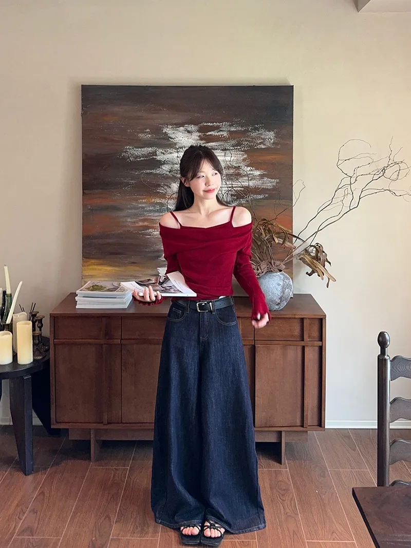 Fake Two-piece Off Shoulder Long Sleeve T-shirt Women's Sexy Slash Neck Flare Sleeve Base Shirt Top Autumn Casual Slim Fit Tops